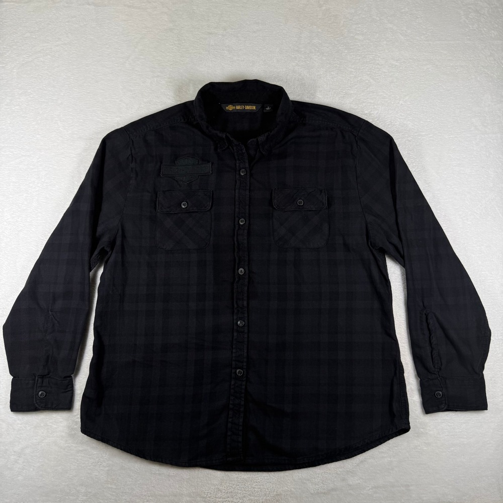Harley Davidson Black Shadow Plaid Cotton Button Down Shirt XL